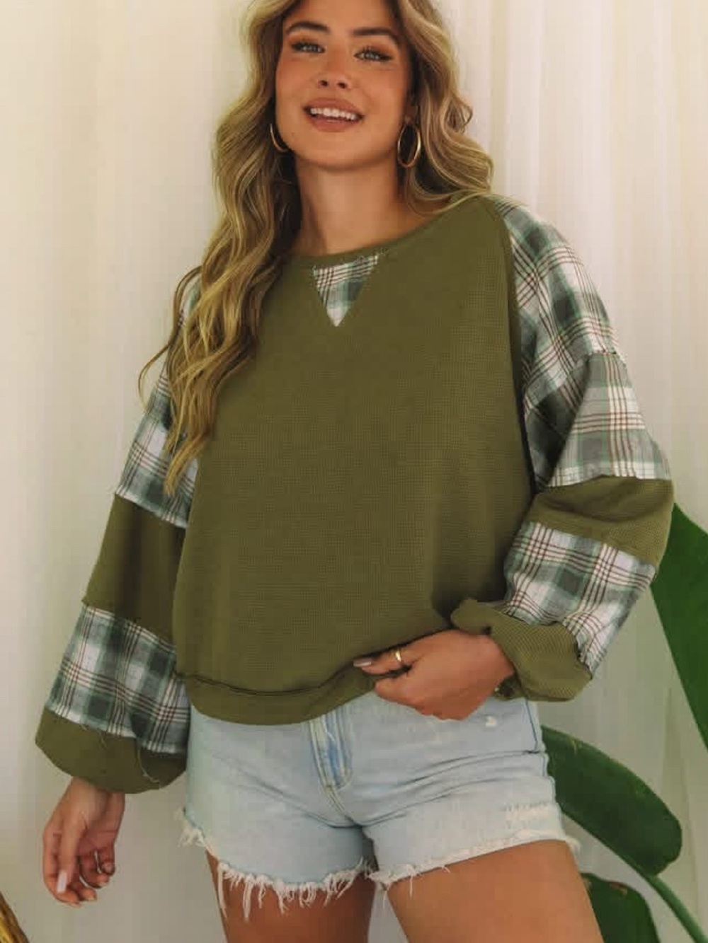 Olive Plaid Sleeve Waffle Knit Oversized Top - Women